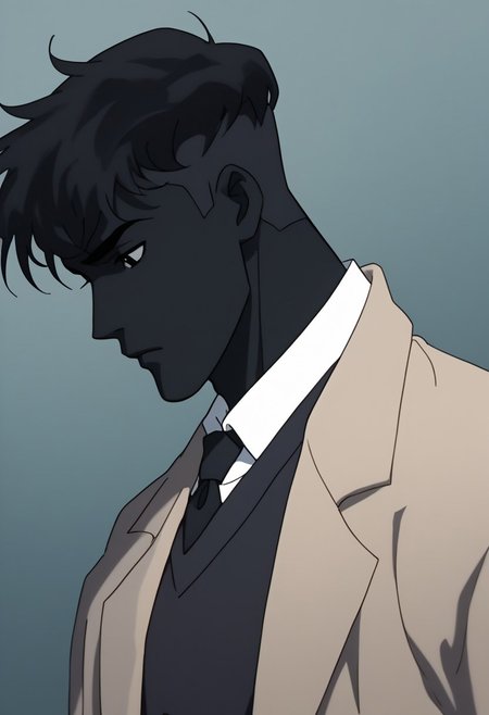 score_9, score_8_up, score_7_up, source_anime, 1boy, male focus, upper body, side view, (mad expression:0.3), detail background, ((black hair)), short hair, black eyes, (((black skin))), black eyebrows, undercut hair, black tone skin, solo, white shirt, open jacket, sexy face, defined body, muscles, groping self, hyper detailed, analog photo, Cinematic, bedroom background, 30 yo, horn, demon, social hair, (((black tie)))
