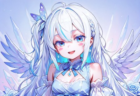 lazypos, girl focus, 1girl, virtual youtuber, blue hair, blue eyes, multicolored hair, long hair, blush, wings, hair ornament, open mouth, dress, looking at viewer, ahoge, bow, smile, puffy detached sleeves, solo, wing hair ornament, white wings, hair bow, flower, detached sleeves, medium bangs, angel wings, braid, sky, streaked hair, feathers, frills, ribbon, white feathers, feathered wings, >_<, rose, upper body, blue bow, blue dress, short sleeves, two-tone hair, puffy sleeves, puffy short sleeves, hair ribbon, sparkle, breasts, blush stickers, :d, nonoknow