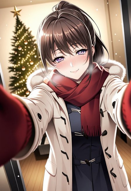 masterpiece, best quality, newest, highres, uncensored, 1girl, yokota mamoru style,1girl, slender face，motion lines,blush,torogao,looking at the viewer,seductive smile
Ichinose Ayako,Brown Hair, Ponytail, Shoulder-length Hair,Long Hair, Sidehair, Straight Hair,Violet Eyes,Slim
1girl,solo
<lora:pov-cheek-warming-ponyxl-lora-nochekaiser:1>, pov cheek warming, pov cheek warming (meme), winter gloves, duffel coat, fur-trimmed scarf, winter clothes, red mittens, meme, winter coat, red scarf, fur-trimmed coat, reaching towards viewer, reaching, mittens, fur-trimmed hood, white coat, open coat, scarf, coat, red gloves, snowing, pov, fur trim, depth of field, smile, blush,, christmas, christmas tree, christmas lights,, , dutch angle, cowboy shot