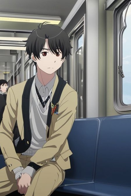 high resolution, solo, best quality, 1Boy, Inaho Kaizuka, Black Hair, train, inside train, OverallDetail