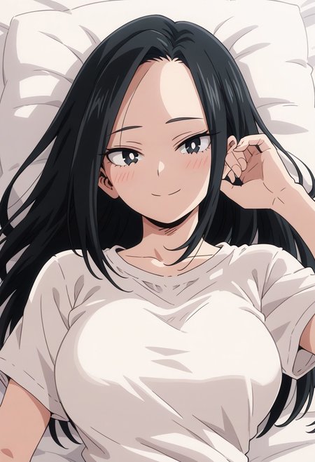 momo_yaoyorozu, 1girl, 1girl,score_9, score_8_up, score_7_up, black hair, black eyes, white pupil, solo, long hair, smile, shirt, collarbone, portrait, white shirt, lying, on bed, breasts,  looking at viewer, blush, closed mouth, animestyle, hairdown