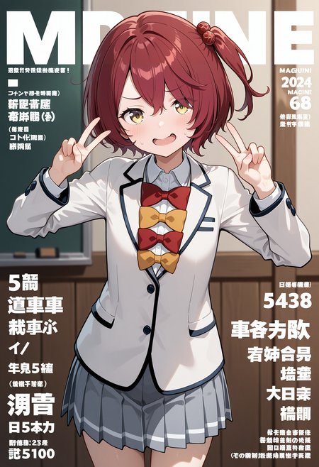 aakomari, short hair, red hair, one side up, hair bobbles, school uniform, red bow, yellow bow, collared shirt, blazer, white jacket, long sleeves, pleated skirt, grey skirt, <lora:komari_chika_ilxl_v1:0.9>, solo, magazine cover, v, double v, smile, furrowed brow, sweatdrop, standing, cowboy shot, wavy mouth, open mouth,
ultra-detailed, masterpiece, newest, best quality