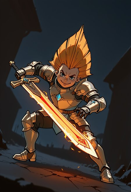 <lora:Neznajka:1.0>, 1 boy, solo,  rich colors, badass boy, <lora:princess_xl_v2:0.6>, Neznajka, <lora:aidmaMJ6.1_v0.5_IL:0.6>, strong, paladin armor, blue eyes,  , (young:0.9), detailed backgroung,paladin,dark fantasy, dynamic, best quality, amazing quality, very aesthetic, absurdres, newest, depth of field, separate focus, dynamic angle, dynamic composition, masterpiece, highres, 4k, intricate details,three quarter view,  face focus,  powerful,paladin clothes, holy, (smug:0.8), holy magic, holy armor, full body,  glowing red armor, holy sword, holy shield, holy aura, arrogant look,  dark, night, pitch darkness,   (attacking viewer:1.2), battle pose, rised sword, close to wiewer, battle, red glowing