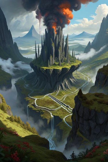 volcanic ash forest with charred trunks ,ruined colossi of fallen gods, their moss-covered remains housing elemental parasite nests, divine ichor still oozing mutagenic godblood, mountain,  morning,weather misty cinematic view, epic sky, detailed, concept art, high angle, high detail, warm lighting, volumetric, godrays, vivid, beautiful, trending on artstation, by Tran Nguyen, huge scene, grass,flower, art greg rutkowski,
 <lora:detailed_notrigger:0.7>, <lora:add-detail-xl:0.3>, oil painting art style from Renaissance period, masterful composition, Renaissance mood, renaissance oil painting, brush strokes, Baroque art style, dynamic composition, dramatic lighting, rich colors, intricate details, professional-grade execution, captures the grandeur and theatricality of the Baroque period