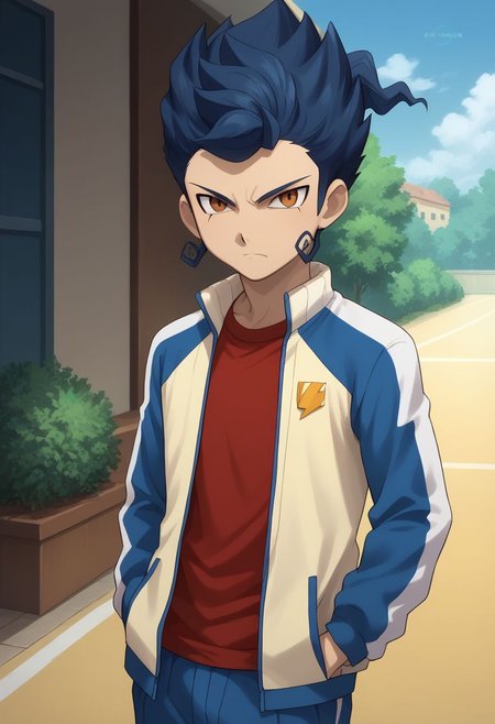 score_9, score_8_up, score_7_up, source_anime, highly detailed, 1boy, solo, male_focus, slender, skinny
tsurugi2, 1boy, blue hair, male focus, raimon, jacket, open jacket, track jacket, open clothes, brown eyes, sportswear, hands in pockets, frown,
outdoor,