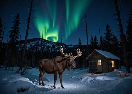 bull moose in the forest, winter, ice, snow, dark night, sky, space, aurora, derelict log cabin, mountaintop
<lora:aidmaFluxProUltra:0.666> aidmafluxproultra,  <lora:MidjourneyV6.1:0.222> midjourneyv6.1,  <lora:CosmicStyleFLUX:0.111> cosmicstyle,  <lora:fantastic-realism:0.222> f4nt4st1c,