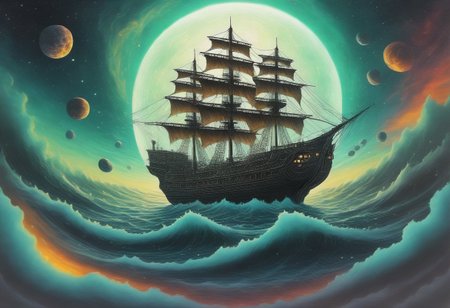 Space_In_Shell, psychodelic,in a space, a huge frigate flying  in a space storm on huge energy waves, in the background a huge kraken is visible catching up with the frigate, dark shot,