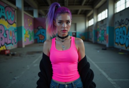 Neonpunk style adult beautiful woman, eyeliner, eyeshadow, makeup, iridescent lips. 
Grunge-inspired rebel in an abandoned warehouse, wearing torn jeans and a neon pink tank top, undercut hairstyle with graffiti art in the background, photo by Daido Moriyama, cyberpunk, vaporwave, neon, vibes, vibrant, stunningly beautiful, crisp, detailed, sleek, ultramodern, magenta highlights, dark purple shadows, high contrast, cinematic, ultra detailed, intricate, professional, medium side shaved elegant purple hair with cyan tips and salmon pink highlights, several glamour luxury intricate body accessories.