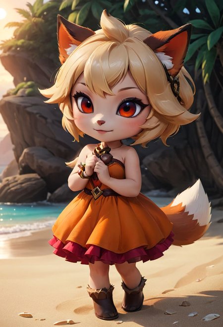 furry fox girl, ((brown fox)), (chibi), 
bad fox, with red big eyes,  beach,
(orange) dress, portrait, long blonde hair,
Hyperrealistic art high-quality portrait flat matte drawing of a cute Nendoroid and cartoon style, anime flat style, thick drawing, medium close-up", (solo:1.2), photorealistic:1.5, 8k, texture skin, realistic skin, detailed skin, highest detailed, extreme detailed, 8k wallpaper, colorful, (dark magic), ring with the stone, (intricate details), (hyperdetailed), 8k hdr, high detailed, lot of details, high quality, soft cinematic light, atmospheric perspective (focus on), color Ink wash painting, Extremely high-resolution details, photographic, realism pushed to extreme, fine texture, incredibly lifelike,