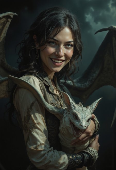4qu4, UHD 32k fantasy movie still, film photography, cinematic, joyful beautiful women holding her cute winged baby dragon, evokes feeling of joy, close up portrait photo, fantasy world, Stunning visuals, Texture, beautiful face features, High Detail, Perfect Composition, in shadow with shafts of light, high contrast, silhouetted, chiascuro, MurphFSF