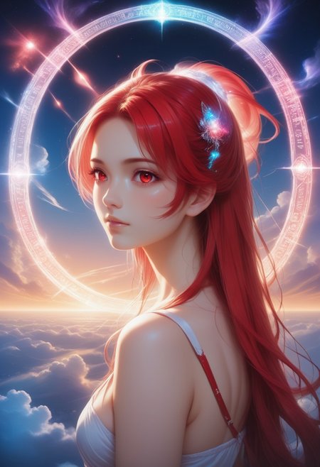 <lora:SDXLFaeTastic2400:0.8>, (((masterpiece))) , (((best quality))) , anime style, 2d, anime artbook, Dreamy petite (glamourous 1girl, solo:1.2) , Looking over the shoulder, Light hairstyle, Skirted Red and White Empty Eyes, background, horizon-centered, Screen print, Suffering, Tinycore, 50mm, High Contrast, ethereal, exquisite color, magical atmosphere, sunny, fabulous colors, fine polished