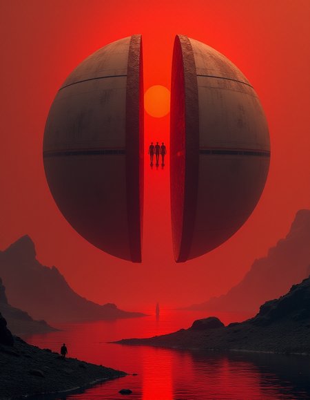 sci-fi style a spherical space ship, the ship has split at the center to reveal a cylinder of windows behind which human figures can be seen
the ship is hovering over a red lake
the sun in the sky is a deep red colour
only dim light reaches the planet's surface
everything is tinged red, score_9, score_8_up, score_7_up, hyperdetailed, hyperrealistic,  best quality, (masterpiece:1.3),high-definition, intricate details, volumetric lighting, symmetrical face, level eyes, . futuristic, technological, alien worlds, space themes, advanced civilizations