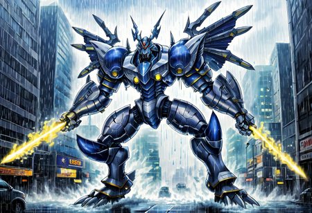 score_9, score_8_up, score_7_up, score_6_up, score_5_up, score_4_up,rating safe,source_anime,a mecha dorugoramon with energy thrusters holding an energy lance in a city with a deluge of rain falling from the sky,epic,apocalyptic,biomechanical,giant robot,weapon,holding weapon