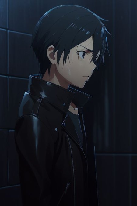 high resolution, solo, best quality, 1Boy, Kazuto Kirigaya, portraits, Black Hair, Black Eyes, heavy rain, night, looking down, sad, leather jacket, looking away, wet, wet hair, OverallDetail