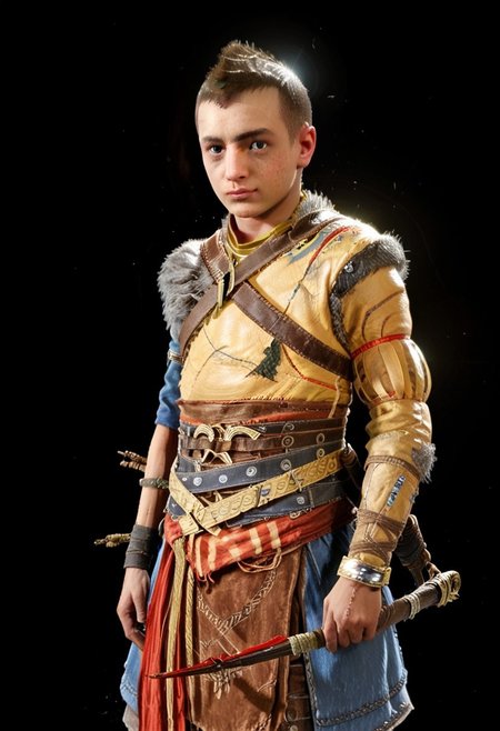 Score_9,  atreus wearing yellow warrior outfit, bending a knee, posing like the thinker of Rodin, dramatic lighting, light halo, dark background