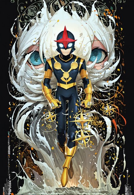 score_9, score_8_up, score_7_up, dynamic pose, full body shot, full body, source_anime, masterpiece, best quality, 1boy, Nova, Helmet, Glowing Eyes, No Pupils, Black Bodysuit, Gold Pauldrons, Gold Bracers, Gold Belt, Gold Boots . easynegative, ng_deepnegative_v1_75t, negative_hand, verybadimagenegative_v1.3, dark, chiaroscuro, low-key, pam-flwr, dark, chiaroscuro, low-key,  easynegative, Expressiveh, thick outline, white outline