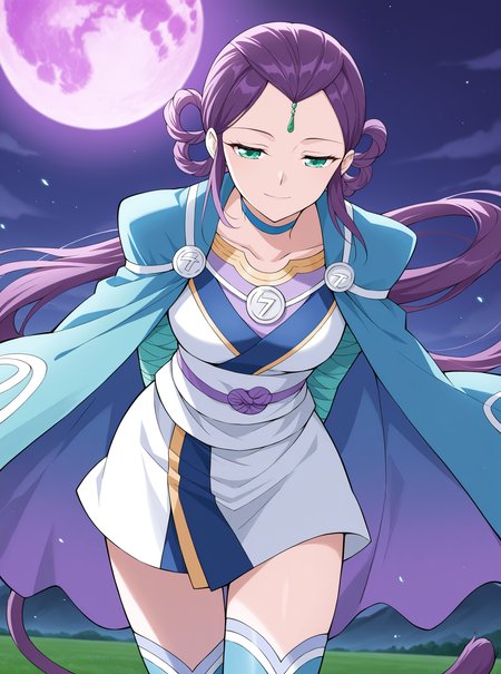 <lora:Feng_Qing_Er__Battle_Through_the_Heavens__Illustrious:1>
1girl, solo, purple hair, braided bun with hair tail, hair rings, hair bun, side bangs, forehead jewel, green eyes, anime style, blue and white outfit, oriental dress, short dress, battle robe, split sleeves, shoulder cape, high collar, gold accents, sash belt, blue thighhighs, thigh-high boots, zigzag trim, symbol buttons, gemstone accessory, martial artist, blue choker
score_9, score_8_up, score_7_up, very aesthetic, source_anime, detailed, high quality, beautiful, masterpiece, detailed eyes, field, blurry background, pose dynamic angle, upper body, cowboy shot, light smile, floating hair, half-closed eyes, hands behind back, leaning forward, looking forward, looking at viewer, night, purple moon