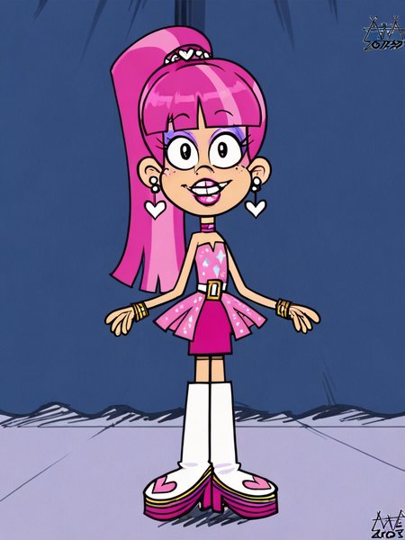 score_9, score_8_up, score_7_up, score_6_up, score_5_up,
LULUL, STRAPLESS, LIPSTICK, PINK DRESS, SKIRT, LIPSTICK, FRECKLES, DIAMONDED PONYTAIL CUFF, CHOKER, BLUNT BANGS, HEART EARRINGS, MAKEUP, BELT, BOOTS
, 1girl, solo, looking at viewer
, aaaninja <lora:AAANinja:1> <lora:Lulu_Loud:0.9>