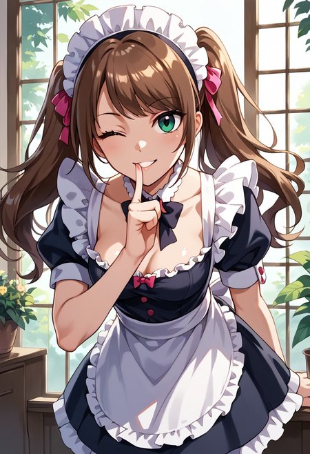 score_9, score_8_up, score_7_up, source_anime, best quality, absurdres, very aesthetic, shiny skin, posing
<lora:mizusaki.pony:1>,
mizusaki, maid outfit, medium breasts, skinny, leaning forward, looking at viewer, one eye closed, pursed lips, finger to mouth, smile