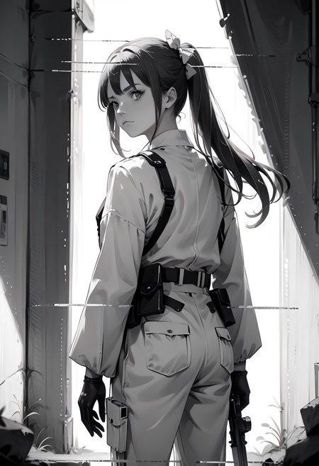 score_9, score_8_up, score_7_up, 
d1splaygl1tchl1nes, DisplayGlitchLines,Display Glitch Lines, 1girl, solo, long hair, looking at viewer, bangs, hair ornament, gloves, long sleeves, bow, closed mouth, standing, monochrome, ponytail, weapon, hair bow, greyscale, looking back, pants, from behind, uniform, scrunchie, pouch, holster