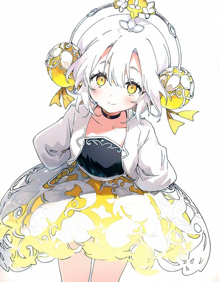 yinxiangnang,1girl,solo,looking at viewer,white background,<lora:yinxiangnang-000014:1>,simple background,cowboy shot,white hair,arms behind back,, masterpiece, best quality, very aesthetic, absurdres,newest, incredibly absurdres,, (Ixy:0.6)),(hiten \(hitenkei\):0.7),