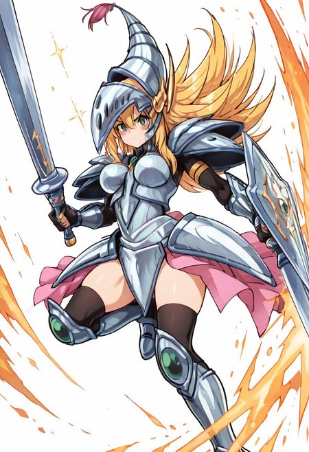 (masterpiece, best quality, good quality, very aesthetic, absurdres, newest:1.2), (curvy, medium breasts),    zzDMGDragonKnight, green eyes, long hair, blonde hair, hair between eyes, armor, helmet, sword, slashing, dynamic pose, action shot, battle, sparks flying a In the heat of battle, the dragon knight lunges forward, her emerald-green eyes locked onto her foe. Her long blonde hair flows wildly beneath her ornate helmet, strands framing her intense gaze. The polished armor gleams under the battlefieldas fiery glow as she swings her massive sword in a powerful arc. Sparks fly as the blade clashes against steel, the sheer force of her strike distorting the air. Her stance is fierce, muscles tense, exuding both strength and grace. Dust swirls around her feet, and the battlefield trembles as she dominates the fight with relentless precision.   (dynamic pose, sword slash, motion lines:1.2),
