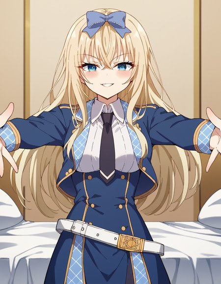 score_9, score_8_up, score_7_up, source_anime, <lora:fenris-edelritz-s1-ponyxl-lora-nochekaiser:1>, fenris edelritz, long hair, blue eyes, blonde hair, hair between eyes, hair bow, blue bow, medium breasts,, skirt, long sleeves, school uniform, jacket, necktie, belt,, hospital, beds, doctors, patients, medical, smile, <lora:incoming-hug-ponyxl-lora-nochekaiser:1>, incoming hug, looking at viewer, reaching, reacing towards viewer, outstretched arms,, bedroom, smile, blush, parted lips, looking at viewer, solo,, dutch angle, cowboy shot
