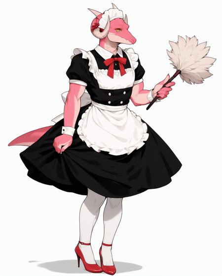 score_9, score_8_up, score_7_up, score_6_up, score_5_up, score_4_up,
(Masterpiece), (Best Quality), (Hi Res),
source_furry,
<1boy:1.5>,
<solo:1.5>,
<pink skin:1.5>,
<pink body:1.5>,
vincent_falnail, falchan, greyscale, 1boy, male focus, solo, yellow eyes, horns, furry male, furry, simple background, white background,
lipstick,makeup,ribbon,nostrils,dragon,
legs,sexy legs,muscular legs,heels,red heels,
<full body:1.5>,
<body focus:1.5>,
<simple background:1.5>,
<white  background:1.5>,
<lora:Vincent_Falnail:1> vincent_falnail,
 <lora:90s4n1m3XLP:1> 90s4n1m3, maid,
maid outfit,
skirt,
stockings,
white stockings,
featherduster,
cleaning,
bonnet,
headwear,
kitchen,