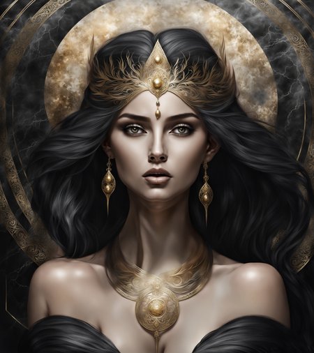 Create a full-length portrait of Gaia, the Mother Earth, born from chaos. Her face radiates timeless wisdom and deep sensuality. Her golden eyes resemble clear, tranquil lakes reflecting the sunlight. Her lips display a gentle, cruel smile, and her hair, tied up, consists of dark, long, flowing strands that sway gently in the wind. Their skin has the color of dark coal earth, with a slightly bark structure. She stands relaxed, leaning against a black marble pillar with bare feet in the center of heaven, surrounded by a hall carved from black marble. She holding the war axe Elysium's Ruin in her hand. Overall, the image exudes a sense of infinite calm and strength, highlighting the power and majesty of Gaia. There is a misty or smoky atmosphere around her, giving the picture a mystical element. The picture is painted in a monochromatic scheme, mainly with shades of black, white and gold.