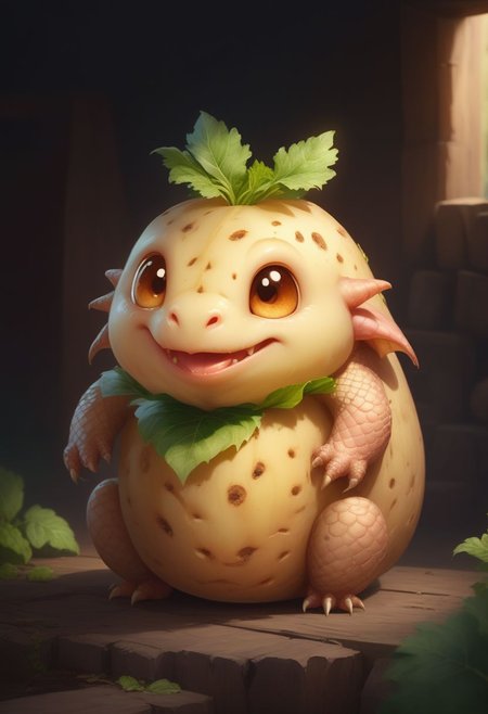 very cute appealing anthropomorphic dragon potato, kawaii, potato eyes, potatoe mouth, looking at the viewer, macro, cinematic lighting, fantasy art, dynamic composition, epic realistic, award winning illustration  <lora:FoodPets:1> Foodpets