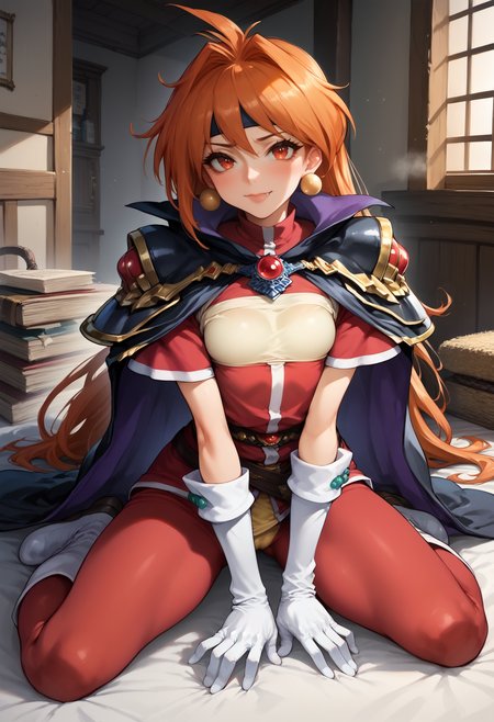 score_9, score_8_up, score_7_up, source_anime, rating_explicit, solo, fantasy, medieval, horny, (blushing:1.4), pleasure, steam, bedroom, embarrassed, seductive pose, hands on breasts, cameltoe, BREAK
1girl, solo headband, orange hair, long hair, yellow trim, white footwear, white gloves, white trim, brooch, red pants, fang, cape,  BREAK
<lora:sd_xl_dpo_lora_v1:1><lora:Expressive_H:1> <lora:Sadamoto Yoshiyuki_XL_PONY:.3> <lora:s0mXLP:.25> <lora:[GP]Thicc Style XL:.35> <lora:IshikePony:.3>  <lora:PLM 0.2v:.5> <lora:Lina PDXL:1>