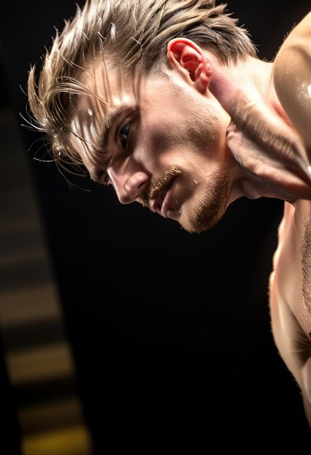 kyle ross, male focus, a handsome 19yo blonde twink, close up of face, close up of upper body, dynamic posture, dramatic angle, camera angle from below, shirtless, beard, trimmed beard, scruffy beard, hands on hip, black dog collar, black neck collar, long chain necklace, kinky,
skinny muscled, slender muscled, skinny, slender features, narrow shoulders, detailed armband tattoo, cute face, boyish face, perfect biceps, bicep veins, bulging veins, great pecs, thin waist, slender waist, v-taper, angular face, strong and powerful, sporty, predatory look, feathered hair, long hair, shoulder length hair, great detail, satisfaction, blue eyes, bubble butt, small ass, small butt, tight shorts, 
(Masterpiece, high quality:1.3), masterpiece, depth of field, bokeh, detailed, homoerotic, (homoerotic), highly detailed, sharp focus, intricate, smooth, elegant, fantasy, cinematic lighting, cinematic, masterpiece, matte, photorealistic, 4k, beautiful, volumetric lighting, dramatic, photo-realistic, life-like, high detail, lighting, 8Knematic lighting, 8K, contrast lighting, contrasting lighting, cinematic lighting,