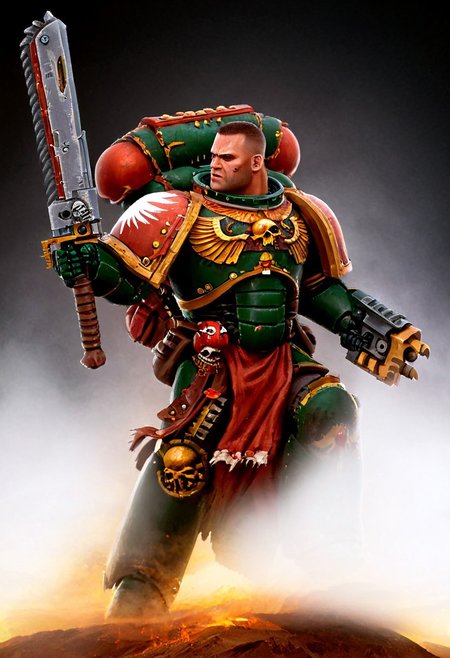 Score_9_up, absurdres, source: GamesWorkshop, grimdark, gothic horror, an adeptus astartes space marine in terminator armor and helmet, he is swinging a chainsword