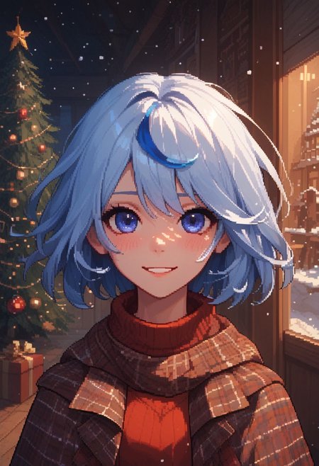 score_9_up, score_8_up, score_7_up, score_6_up, Pixel_Art, 1girl, solo, 25 years old, perfect face, cute, petite, 
blush, shy smile, portrait, face focus, depth of field, looking at viewer, close up,  
dark eyes, 
bob cut, streaked hair, white hair, icy blue hair, floating hair, 
plaid clothes, brown fur-trimmed cape, brown scarf, 
red sweater,  
snowing, winter, village, snowflakes, Christmas tree, 
DreamArt,