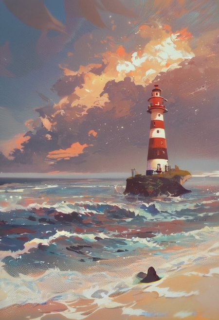 zPDXL, lighthouse, small rocky island, ocean waves, bright sunlight, studio ghibli, (score_9, score_8_up, score_7_up, score_6_up, score_5_up, score_4_up, high res, 4k)