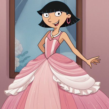 score_9_up,score_8_up,score_7_up,score_6_up,score_5_up,score_4_up BREAK rhonda,black hair, black eyes, bob cut, blunt bangs, very long large straight tulle pink princess ball gown hoop skirt, ball gown hoop skirt, pink princess dress, hoopdress, my big princess gypsy wedding dress, ballgown, a girl in a dress posing for a picture, wearing a sleeveless ballgown, looking at viewer and smiling,