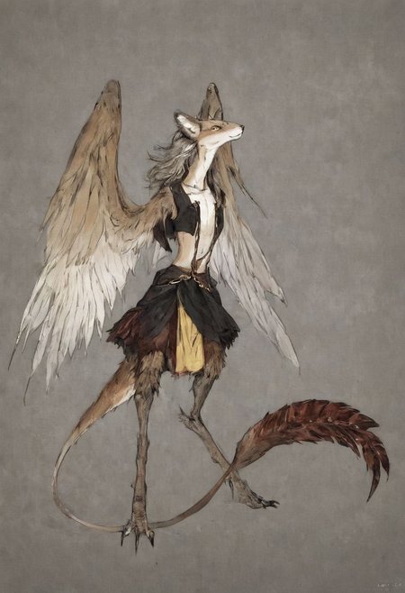 [creature name: Palagiri]
1 person, harpy, ((no arms, wings only)):1.6, androgynous, flat chest, no breasts, anthro, ((long hair)), ((long toes, nimble toes, handfeet)):1.4,, dynamic pose, detailed face, fully clothed, pelvic curtain skirt, feline features, feline nose, feline ears, ((thick tail, tapering tail, feather tipped tail)), harpy:1.2, large wings, digitigrade legs, rating: safe