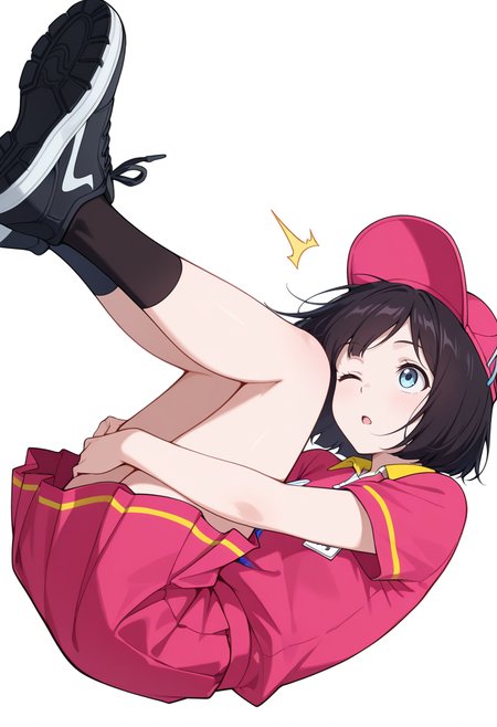 masterpiece,high quality details, absurdres,
 <lora:Sara_Takahashi:0.8> 
sara_cnr,1girl, black hair, bob cut,  short hair, bangs, blue eyes,
 sara_s1, employee uniform,pink shirt, short sleeves,pink skirt, hat,black socks,black sneakers,, simple background, white background, sideways,solo,, wince,surprised,, looking up,body curled sideways,determined expression,