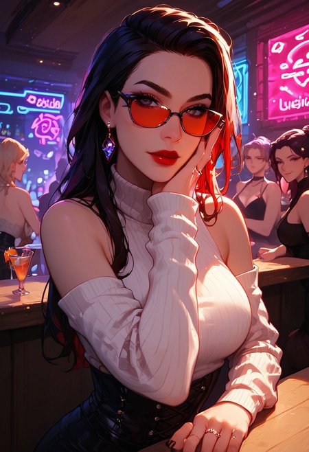 score_9,score_8_up,score_7_up,score_6_up,score_5_up, best_quality, ultra-detailed, masterpiece, close up, 
1girl, jewelry, glasses, earrings, corset, looking at viewer, red nails, ring, bare shoulders, red lips, tinted eyewear, ribbed sweater, sleeveless sweater, turtleneck, black nails, black skirt,
Break
In a night club, sitting at the bar, looking from across the counter, neon lights, dark interior, neon glow, shadows, dim lighting, low light, dark,