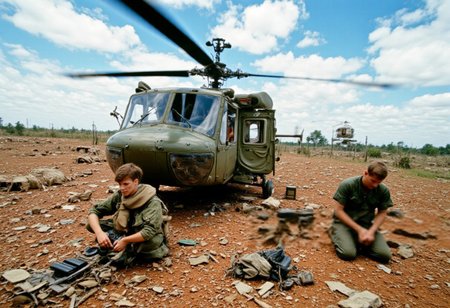 A Vietnam War scene unfolds on a dusty clearing under a glaring midday sun. Two American soldiers crouch amid scattered debris—metal shards, broken foliage, discarded rifle magazines. Their sweat-stained fatigues cling in the humid air. One kneels, reassembling black steel rifle parts and adjusting worn canvas straps on a field pack. The other sits hunched, gripping what seems like a helicopter rotor blade, head bowed, shoulders slumped with exhaustion.
Overhead, a UH-1 “Huey” hovers just meters above the ground, rotor wash stirring dust and dried leaves. Its chipped olive paint speaks of harsh conditions. A cable dangles, suggesting a supply transfer. Another chopper rests behind, tail boom angled, rotors still. The surroundings are barren: tangled roots, charred stumps, pale grass under a hazy blue sky flecked with uneven white clouds.
Captured on 35mm film at about a 35–50mm focal length, the image shows natural daylight tones, moderate contrast, and slight grain. The low camera angle places the viewer at ground level, heightening the gritty tension of this war-torn moment.DRK, aidmaimageupgrader