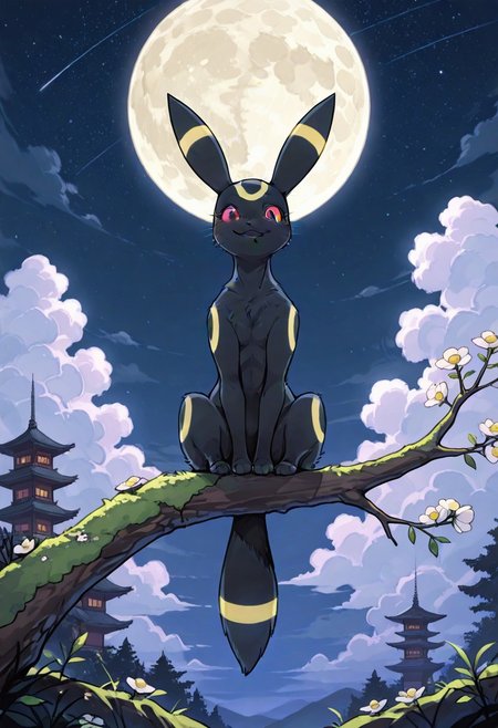 masterpiece, best quality, amazing quality
,solo, yellow_eyes, flower, outdoors, sky, cloud, tree, no_humans, night, , animal, facial_mark, moon, cat, star_\sky\, night_sky, full_moon, starry_sky, animal_focus, architecture, black_cat, east_asian_architecture, whiskers, black_fur, huge_moon,A digital illustration shoot from a front camera angle about a cute umbreon sitting on a moss-covered branch under a large full moon, surrounded by a fantasy setting with tall pagodas and flowers. on the middle of the image, a 1girl, who appears to be a cat, is sitting, looking at the viewer with large, expressive brown eyes. the cat has black fur with yellow stripes, and its ears are perked up, giving it a curious expression. it is positioned on the branch, with its body facing the viewer, giving a clear view of its full body. in the background, a full moon is visible, with stars twinkling in the night sky, and fluffy white clouds are visible, adding to the magical atmosphere of the scene. the overall style is whimsical and fantastical, with a focus on the cat's curious expression and the intricate details of its markings on its body.
solo, smile, brown eyes, flower, outdoors, sky, day, cloud, no humans, animal, night, animal focus, star \sky\, moon, cat, full moon