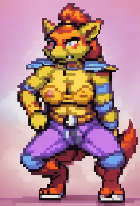 1girl,
female,
solo,
furry,
female furry,
PonyXLV6_Scores ,
PnyCmicXLPOS,
DskfllArtPosXLPNY,
tonned,
cleavage,
snout,
canine nose,
shoulder pads,
shoulders,
armor,
pants,
ninja,
feet,
breast slip,
perky nipples,
camel toe,
full body, 
geta,
geta shoes,
thighs,
serious,
blush,
sexy pinup pose,
face focus,
pretty eyes,
face zoom,
pony tail,fangs,teeth,
<lora:Ninjara_TMNT_Archie_Comics_Pony_SDXL:1> ninjara_tmnt,  pixelated, pixel art, <lora:pk_trainer_xl_v1-1:0.9>