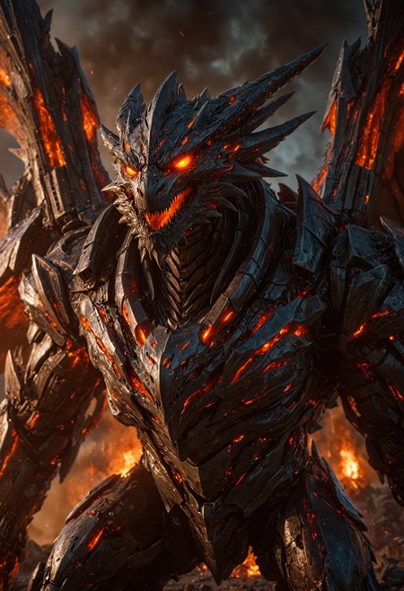 cinematic, intense scene, a colossal heavy-armored mech dragon, its metallic scales a blend of dark gunmetal gray and fiery red, reflecting the harsh battlefield lights. The dragon's body is heavily armored with jagged, reinforced plating and spiked protrusions, giving it a menacing, indestructible appearance. Its enormous wings, clad in interlocking metal segments, spread wide with a subtle, ominous glow from embedded energy lines. The dragon's eyes blaze with a fierce, glowing orange, and its roaring maw, lined with sharp, metallic teeth, spews trails of molten fire. The background is a chaotic warzone of smoldering ruins and explosions, enhancing the dramatic, apocalyptic atmosphere, <lora:DetailMaximizer:0.6>, <lora:MJ52_v2.0:0.5>, <lora:zavy-cntrst-sdxl:0.6>