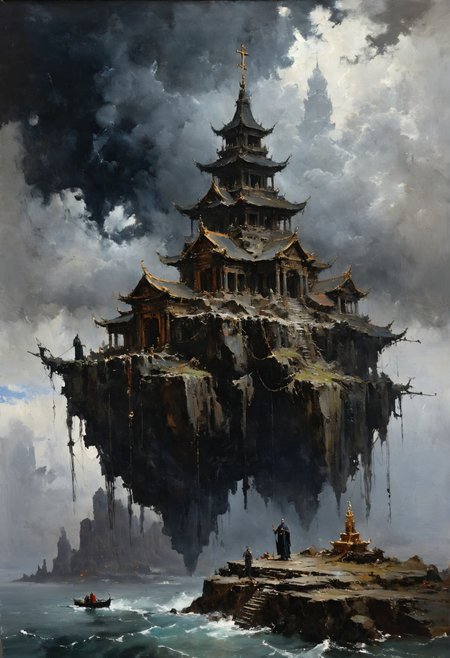 Dark Fantasy Art, (nicolai fechin style, portrait oil painting, impressionism), a temple situated on a cloud-covered floating island that drifts through the sky, with a magical anchor keeping it grounded in an otherworldly location. <lora:nicolai-fechin-portrait-style:0.8>, dark, moody, dark fantasy style