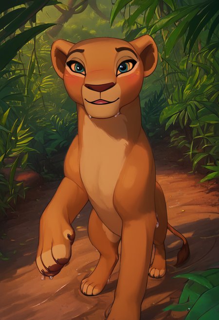 zPDXL, score_9_up, score_8_up,_7_up, score_6_up, score_5_up, score_4_up ,source_furry, best quality, amazing quality, masterpiece, 1girl, looking at viewer, solo, standing, four fingers, animal focus, pawpads, cute, blush, cute smile, cute pose, close, out doors, savanna, jungle, leafs, water, nala, lioness, brown-cream fur, teal eyes, lion tail, <lora:Nala:0.8>, pixelsketcher, <lora:pixelsketcher:1>, Expressiveh, good_hands, <lora:Expressive_H:0.8>, <lora:Detail_Slider_v1.4_iteration_3:4>, <lora:pony_good_hands:0.8>