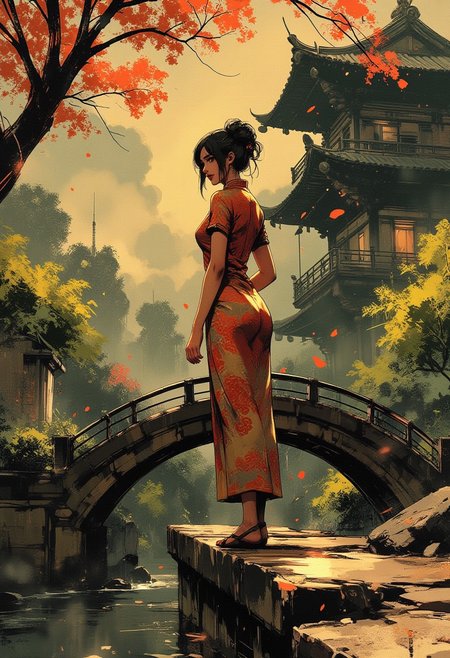 in the style of ck-mgs, nistyle, Special Ink-drawing mode, intricate linework with expressive contrasts, Mh1$AgThS2, Inkplash art on rice paper, sepia, henna , Silhouette Art, magnificent, inksplash image of stunning japanese woman, gold and red cheongsam, leaning on stone footbridge over a pristine river, dappled sunlight, turning to face viewer