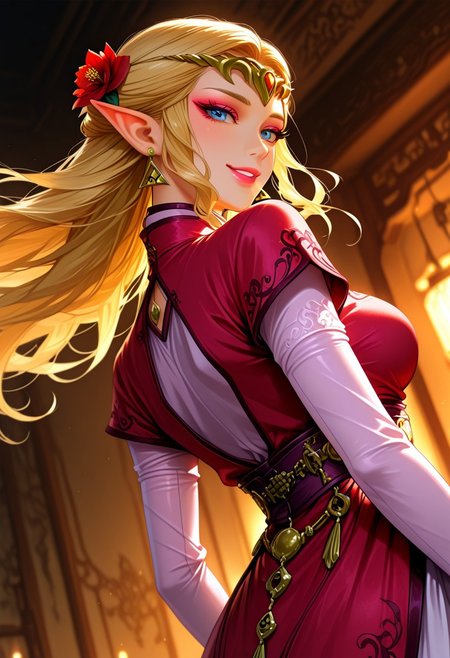 ultra realistic, masterpiece, high detailed skin, best quality, high res, very aesthetic, anime style, studio anime, source_ecchi, anime, (finely detailed face), (petite body:1.3), <lora:ootzelda-illu-nvwls-v1-000006:1> ocarzld, blonde hair, long hair, sidelocks, blue eyes, pointy ears, gold tiara, earrings, large breasts, makeup, smokyeyes, lash, pink mascara, puffy lips, glossy pink lips, 1girl, floating hair, jewelry, long hair, hair ornament, solo, flower, earrings, lips, chinese clothes, eyelashes, makeup, wind, bright red lips, red flower, dress, looking back, long sleeves, lipstick, hair flower, breasts, naughty grin on her lips, short sleeves, and the lighting is soft and warm. dramatic scenery, intricate details, (blurry background, depth of field:1.1), erotic and aesthetic, lascivious pose, aroused, dynamic dutch angle, from below, blurry background, bright colors, stunningly artwork, (blurry background, depth of field:1.1),