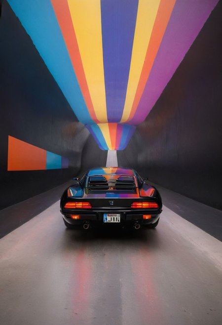 Made of bold lines, vertical lines, 3d deep depth effect, Stretching shadows, Flying hovering Car, a Vintage hovering super car, Hovering_Car, A road stretches behind her head, colorful depth of lenticular, bold lines async, deep blacks,