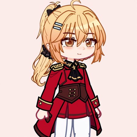 score_9, score_8_up, score_7_up, score_6_up,1girl, solo,  liscia, blonde hair, low ponytail, brown eyes, hairclip, hair bow, black ascot, red coat, epaulettes, long sleeves, military uniform, red skirt, white pants, gacha, chibi, face close up