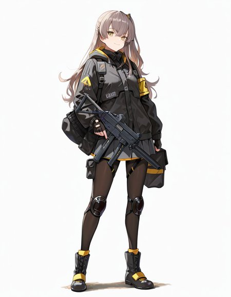 Volumetric Lighting, (masterpiece), (best quality), (ultra-detailed), masterpiece, source_anime, score_9, score_8_up, score_7_up BREAK, illustration, disheveled hair, detailed eyes, perfect composition, moist skin, intricate details, detailed eyes, detailed face, detailed fingers BREAK, UMP45, brown hair, long hair, one side up, yellow eyes, scar across eye BREAK, WinterJourney, one side up, WJ_hair_ornament, WJ_thigh_straps, WJ_jacket, WJ_skirt, WJ_pantyhose, WJ_armband, WJ_boots, WJ_knee_pads BREAK, ((white background)), looking at viewer, smile, closed mouth, standing, shadow, holding, bag, holding weapon, gun, holding gun, submachine gun, h&k ump